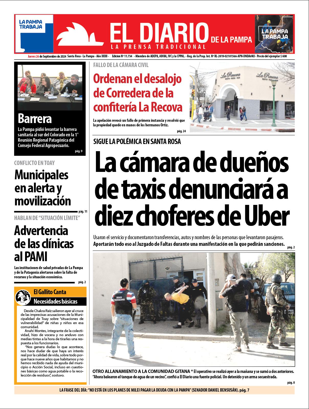 Tapa de El Diario en papel  jueves 26 de septiembre de 2024